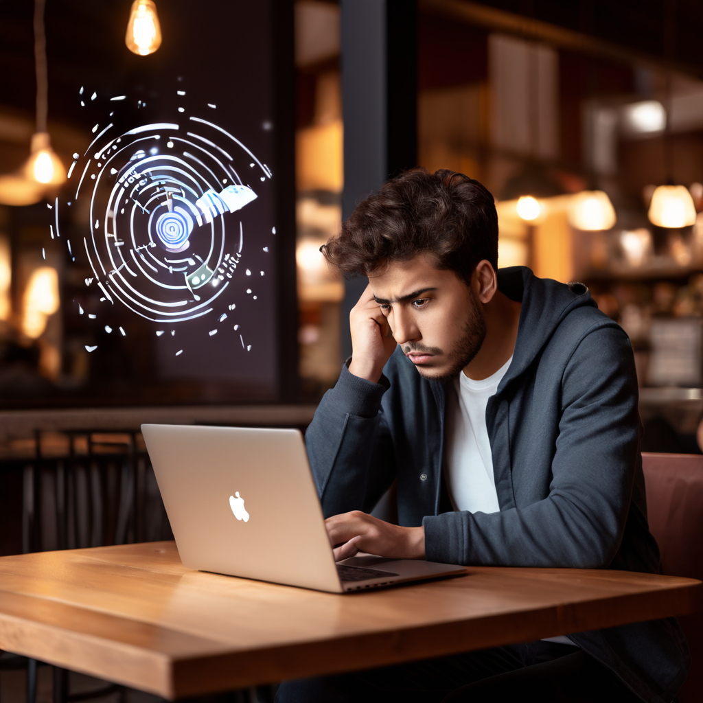 공용 카페에서 노트북 화면의 느린 로딩 웹페이지와 약한 와이파이 신호 아이콘을 보며 좌절한 사람의 모습이다.