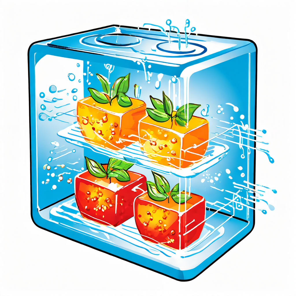 전자레인지의 과학적 원리를 설명하는 다이어그램으로, 물 분자가 마이크로파 에너지를 선택적으로 흡수하여 음식물 내부에서 유전체 가열이 발생하고 열이 전달되는 과정을 화살표로 나타냅니다.