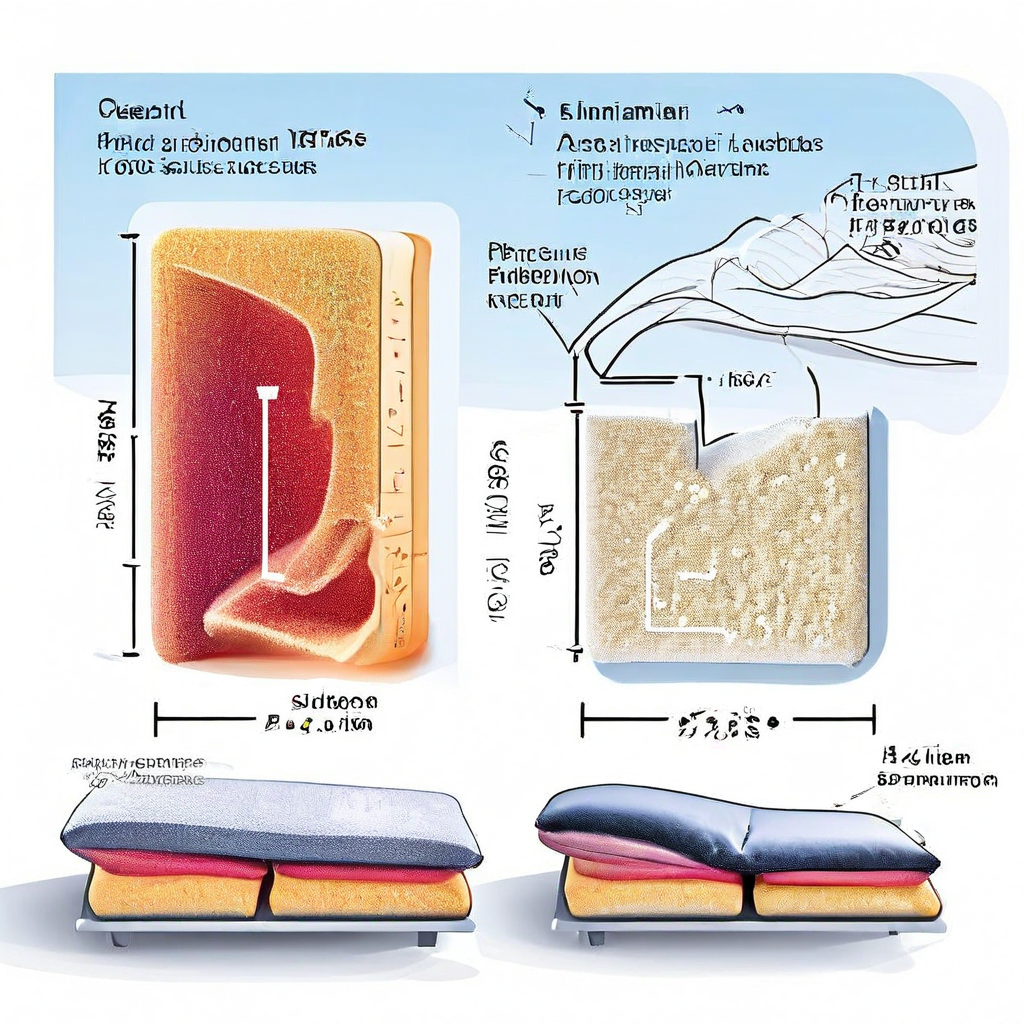 메모리폼과 라텍스 베개를 비교하는 분할 이미지로, 두 소재의 재료 밀도와 압력 분포 차이 및 통기성 다이어그램을 통해 베개 선택 가이드를 제공합니다.