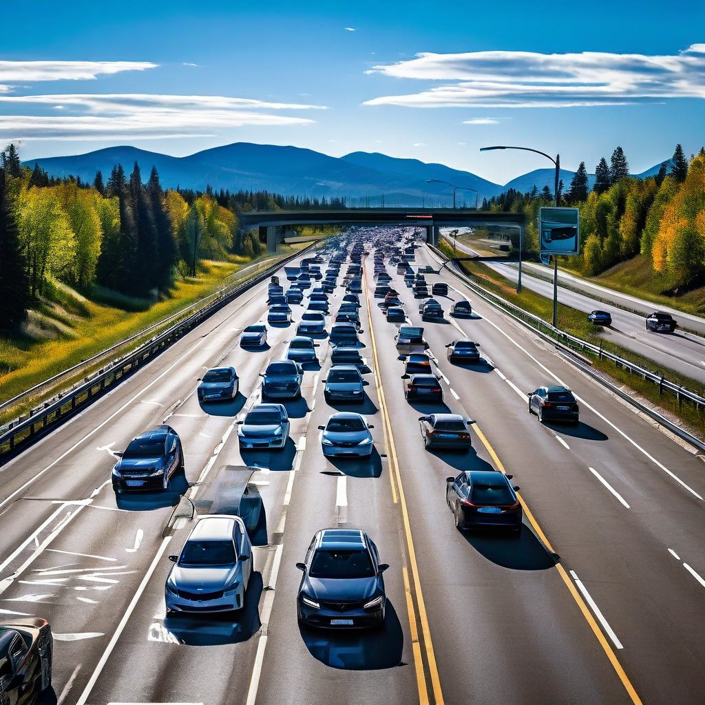 좁은 IPv4 도로의 정체된 차량들이 넓은 IPv6 고속도로로 합류하는 모습으로, 인터넷 주소 체계의 확장을 상징합니다.