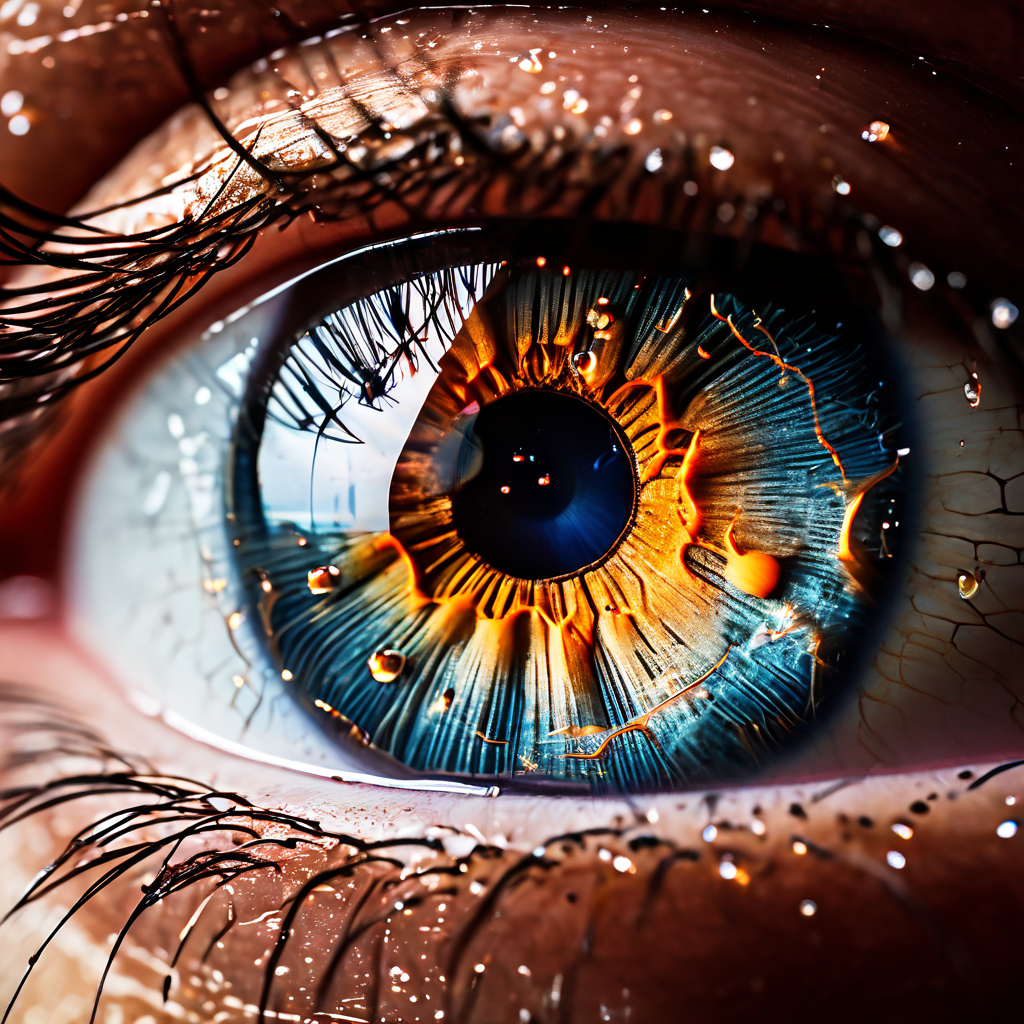 건조하고 갈라진 안구 표면을 투명한 등장성 인공눈물 방울이 적셔주며 촉촉하게 가라앉히는 과정을 확대하여 보여주는 이미지입니다.