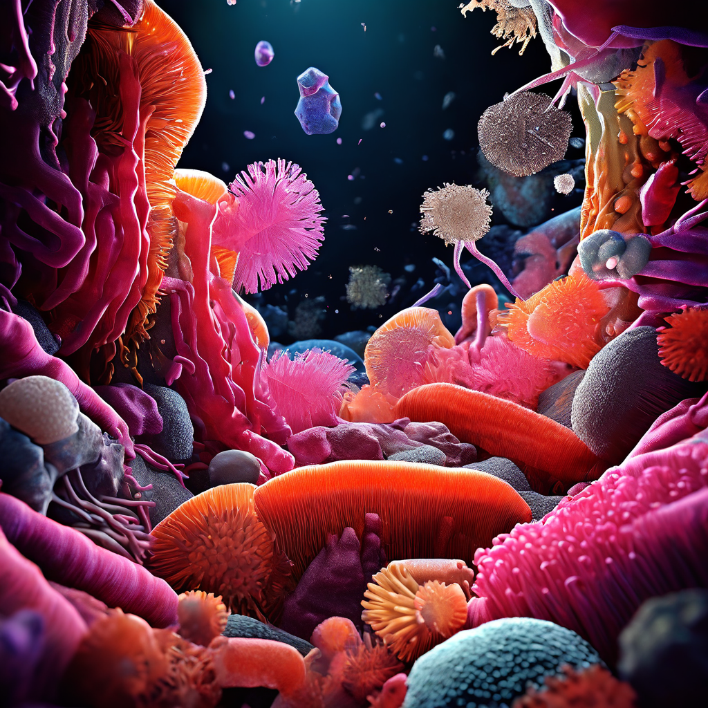 장내 미생물과 면역 체계의 상호작용을 생생하게 보여주는 현미경 사진으로, 점막 표면에서 활발한 프로바이오틱스 균이 면역 세포와 소통하는 장내 환경을 상세하게 묘사합니다.