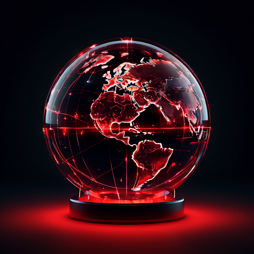 지구본과 가까이 밝게 빛나는 서버, 멀리서 느리게 깜빡이는 서버가 얇은 빨간색 데이터 선으로 연결된 모습이다.