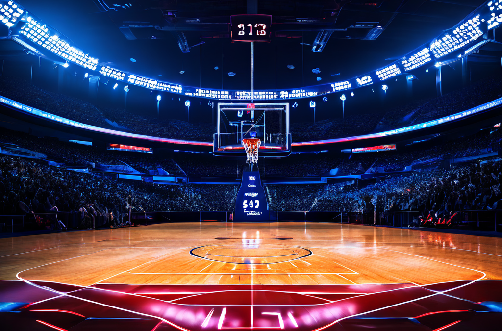 스포츠 데이터 분석을 비교하는 이미지로, 왼쪽 농구 코트에는 빛나는 선수 기록이 표시되고 오른쪽 야구장에는 부유하는 경기 지표가 나타나 두 종목의 성과 측정 방식을 시각적으로 대조합니다.