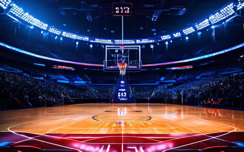 스포츠 데이터 분석을 비교하는 이미지로, 왼쪽 농구 코트에는 빛나는 선수 기록이 표시되고 오른쪽 야구장에는 부유하는 경기 지표가 나타나 두 종목의 성과 측정 방식을 시각적으로 대조합니다.