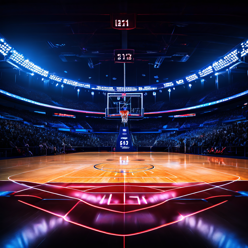 스포츠 데이터 분석을 비교하는 이미지로, 왼쪽 농구 코트에는 빛나는 선수 기록이 표시되고 오른쪽 야구장에는 부유하는 경기 지표가 나타나 두 종목의 성과 측정 방식을 시각적으로 대조합니다.