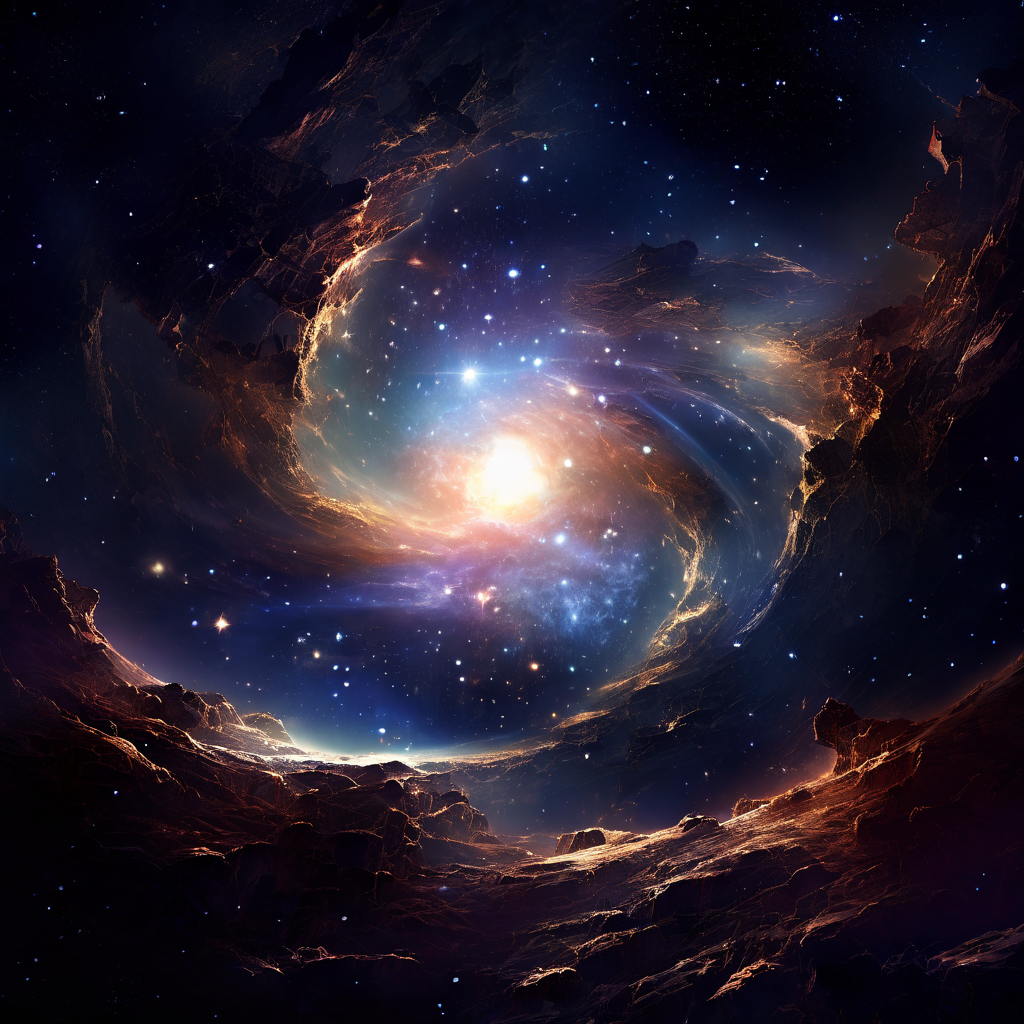 빛나던 별들의 소용돌이가 갑자기 흐려지며 금이 가는 모습으로 우주 천체의 내부 붕괴 과정을 상징적으로 표현한 이미지입니다.